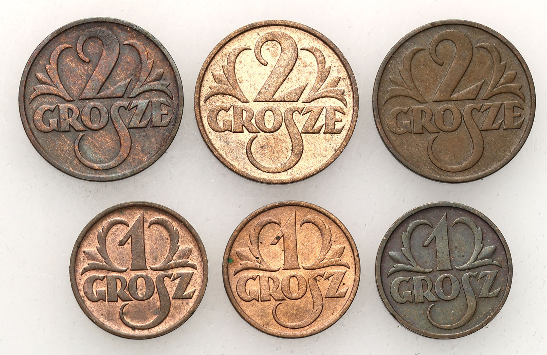 II RP. 1, 2 grosze 1932-1936, zestaw 6 monet